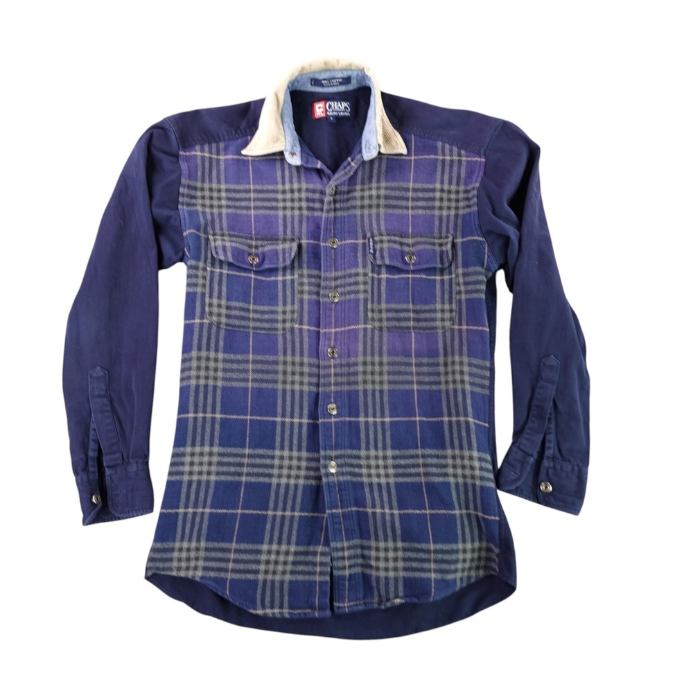 Chaps Ralph Lauren Flannel Shirt Mens S Blue Plaid Corduroy Collar Colorblock